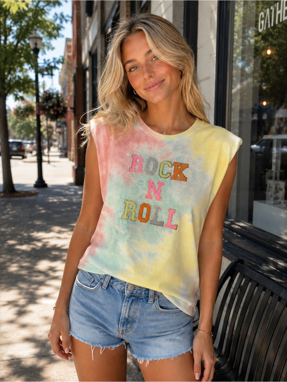 Judith March Pastel Tie-Dye 'Rock N Roll' Tee - Pink Blue Yellow Cream